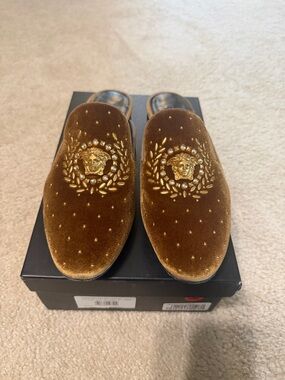Versace Brown Velvet Embellished Slip-On Loafers